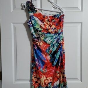 JS Boutique One Shoulder Embelished Multicolor Side Rouched Dress Size 6
